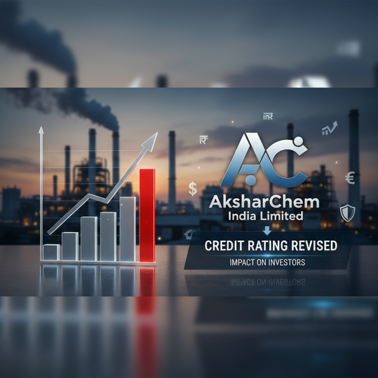 A professional image depicting AksharChem India Limited's credit rating revision, with a factory background, a financial graph, and currency symbols.