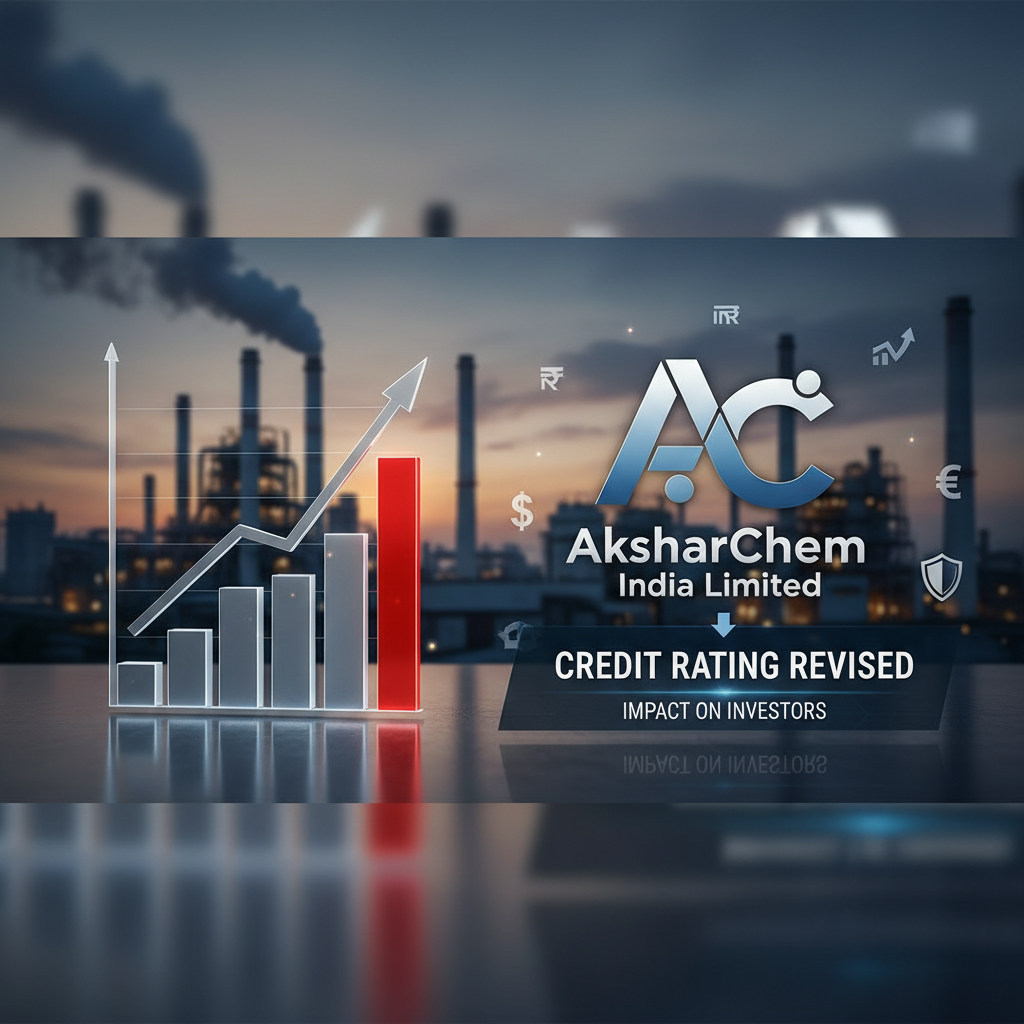 A professional image depicting AksharChem India Limited's credit rating revision, with a factory background, a financial graph, and currency symbols.