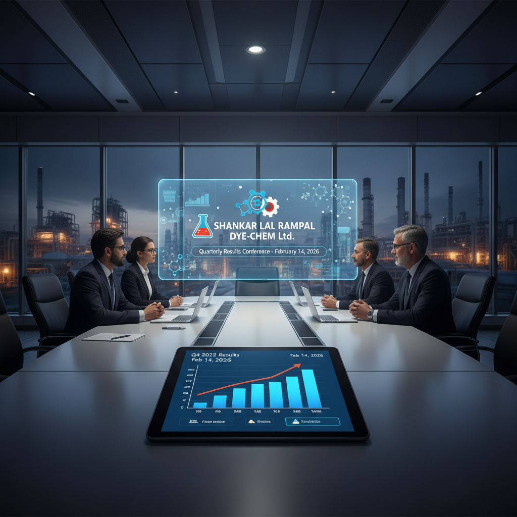Professionals in a modern boardroom discussing financial results with a refinery in the background.