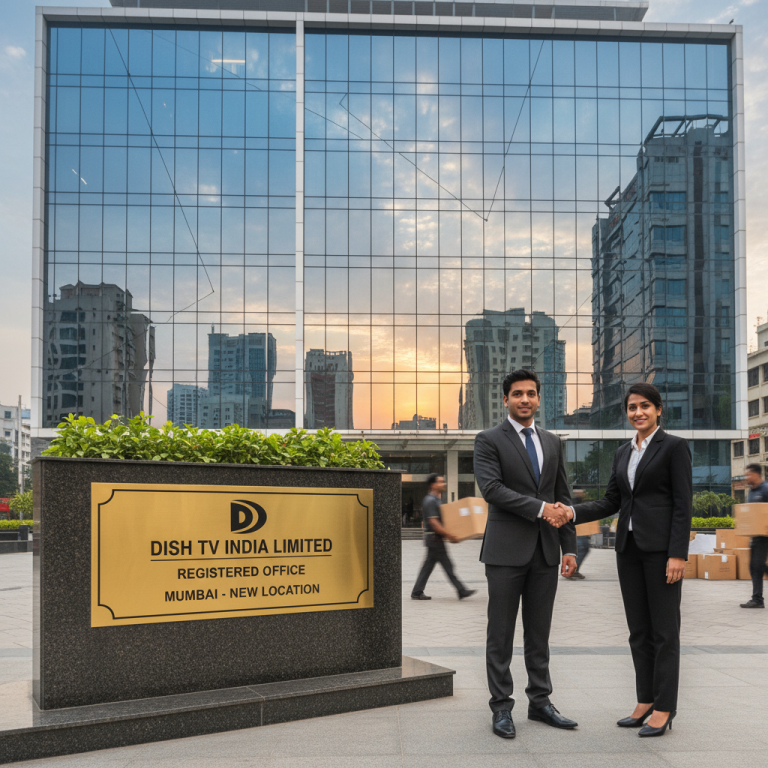 Two executives shaking hands in front of a modern glass building with a "Dish TV India Limited Registered Office Mumbai - New Location" plaque.