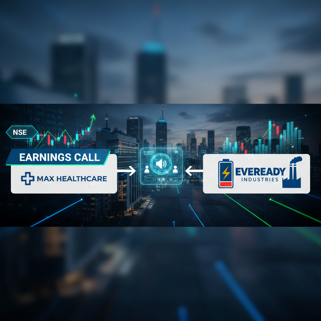 A dynamic graphic representing an NSE earnings call, featuring logos for Max Healthcare and Eveready Industries with financial data.