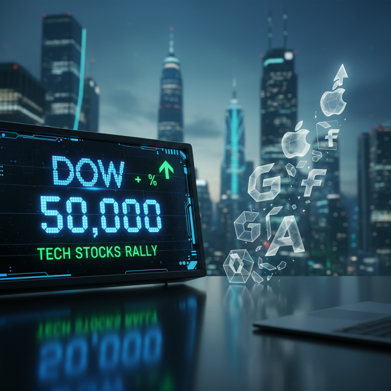 A digital display showing "DOW 50,000, TECH STOCKS RALLY" with tech logos rising against a city skyline.