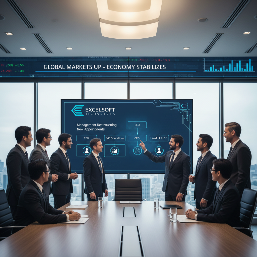 Professional executives in a modern boardroom discussing management changes on a large screen with company logo.