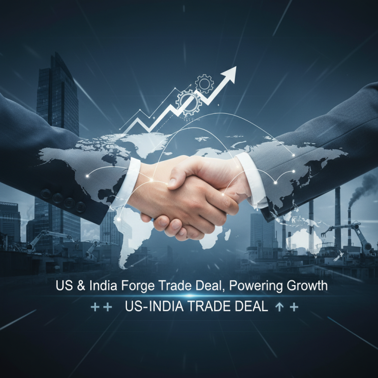 Two hands shaking against a backdrop of cityscapes and factories, with a world map and upward-trending graph overlay.