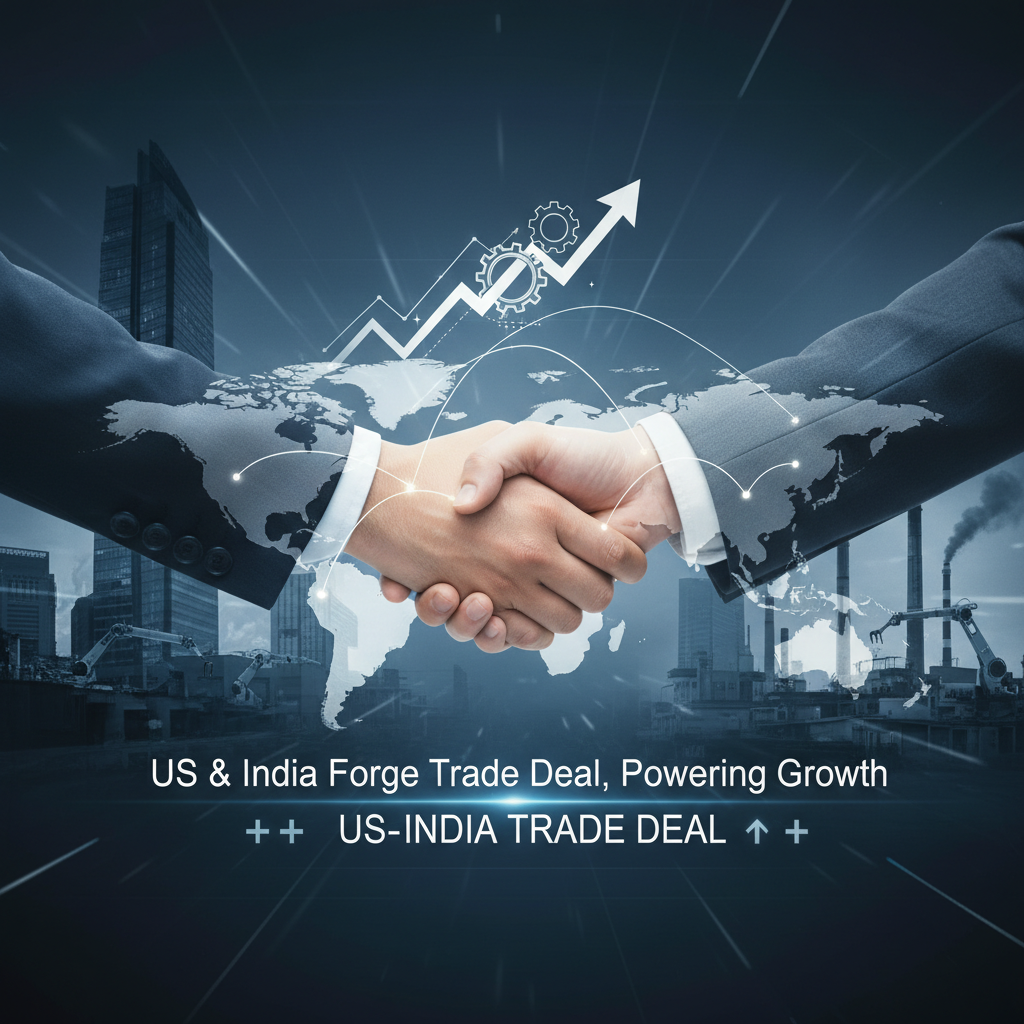 Two hands shaking against a backdrop of cityscapes and factories, with a world map and upward-trending graph overlay.