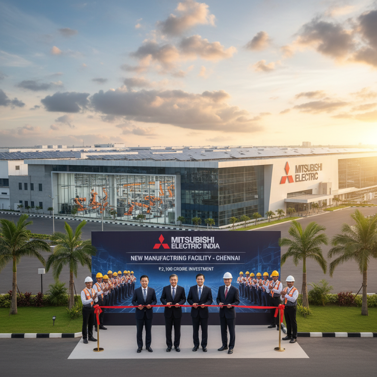 Grand opening ceremony of Mitsubishi Electric India's new manufacturing facility in Chennai with officials and employees.