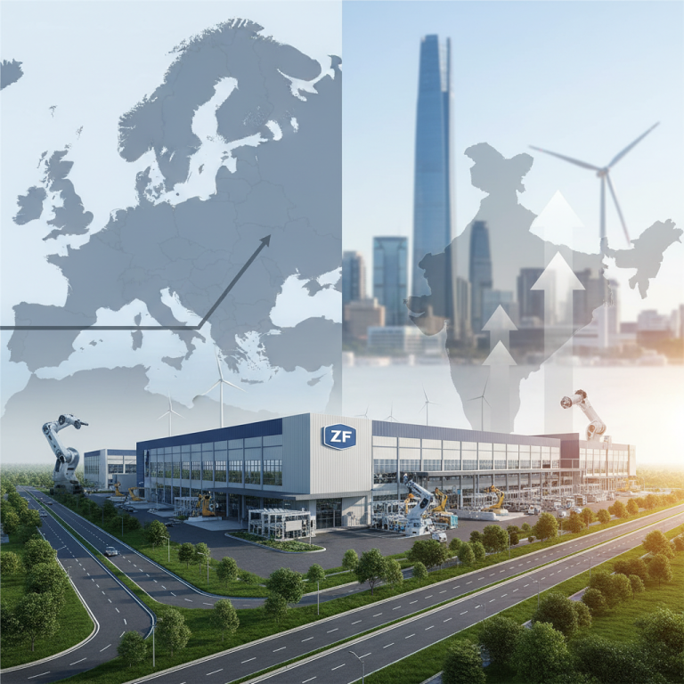 A modern ZF factory with a map showing expansion from Europe to India, symbolizing growth.