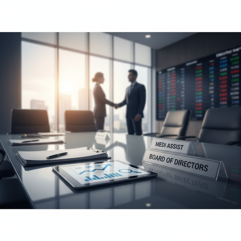 Two executives shaking hands in a modern boardroom, with a "Medi Assist Board of Directors" sign and financial charts on a tablet.