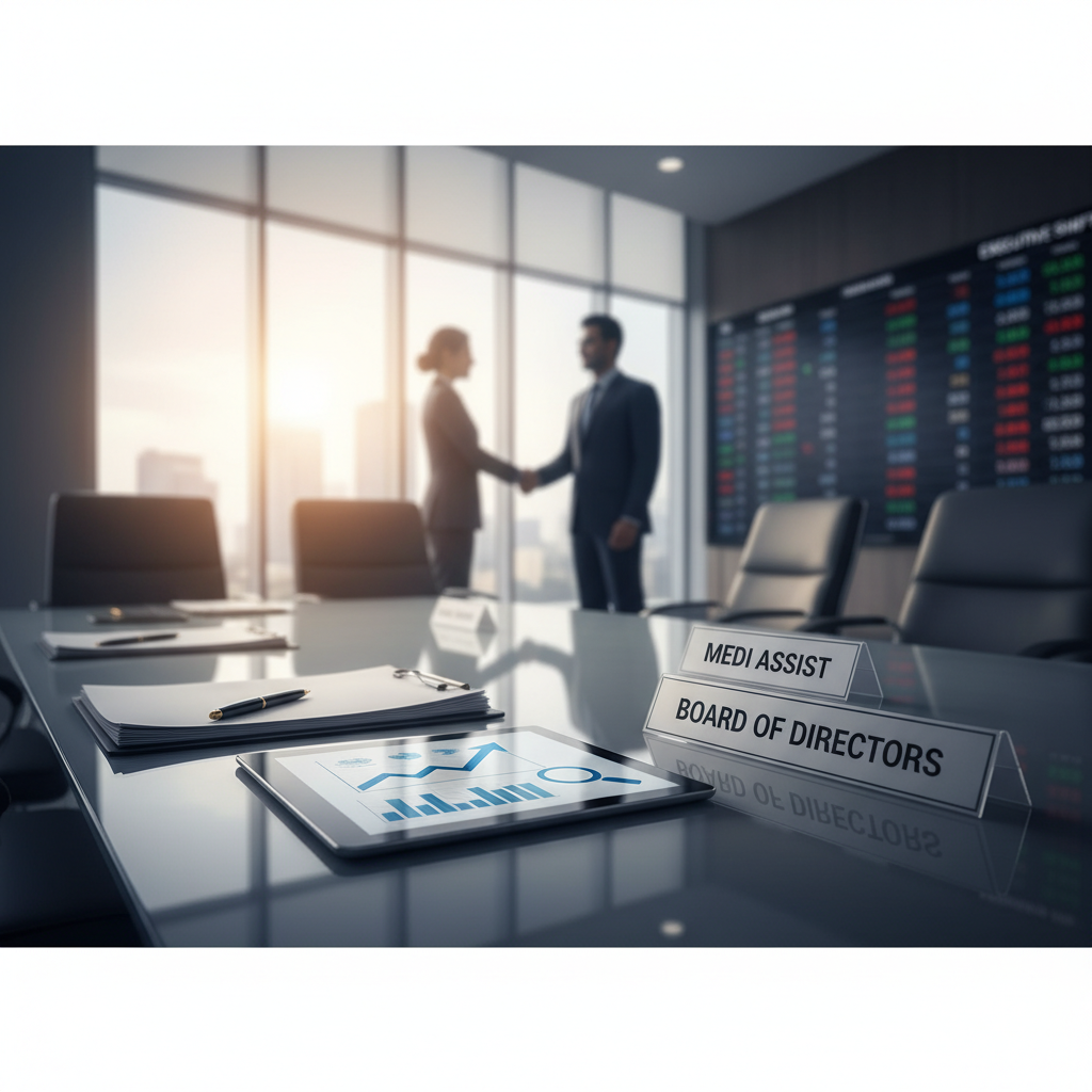 Two executives shaking hands in a modern boardroom, with a "Medi Assist Board of Directors" sign and financial charts on a tablet.