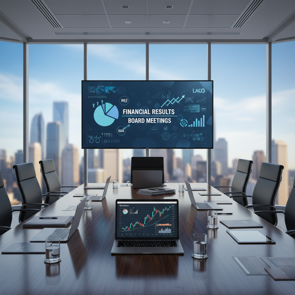 A modern boardroom with a large screen displaying "FINANCIAL RESULTS BOARD MEETINGS" and various charts.