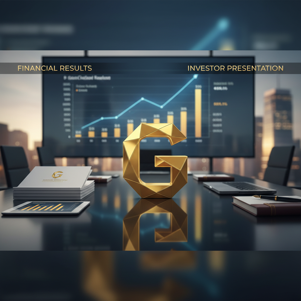 A professional meeting room with a large screen displaying financial charts and a golden 'G' logo.