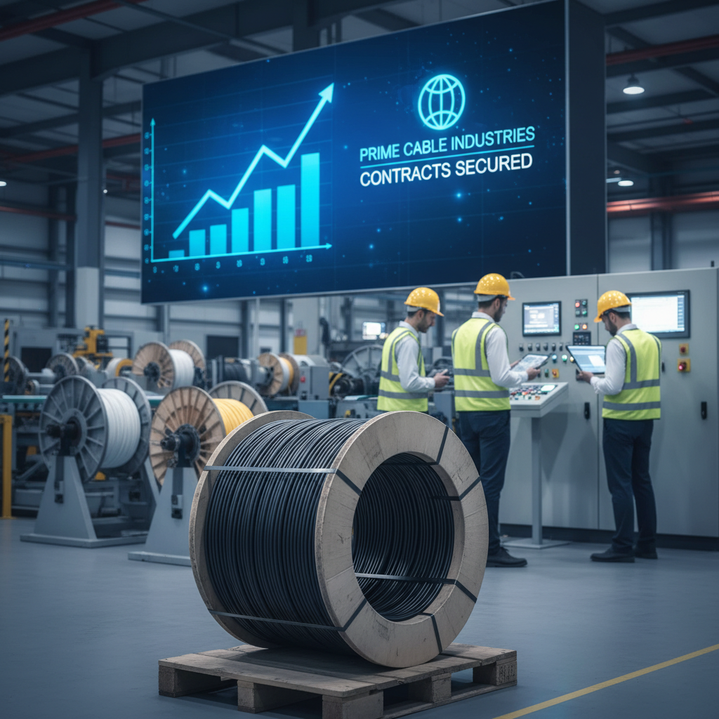Large cable spool in a modern factory with workers and a screen displaying "Prime Cable Industries Contracts Secured" and a rising graph.