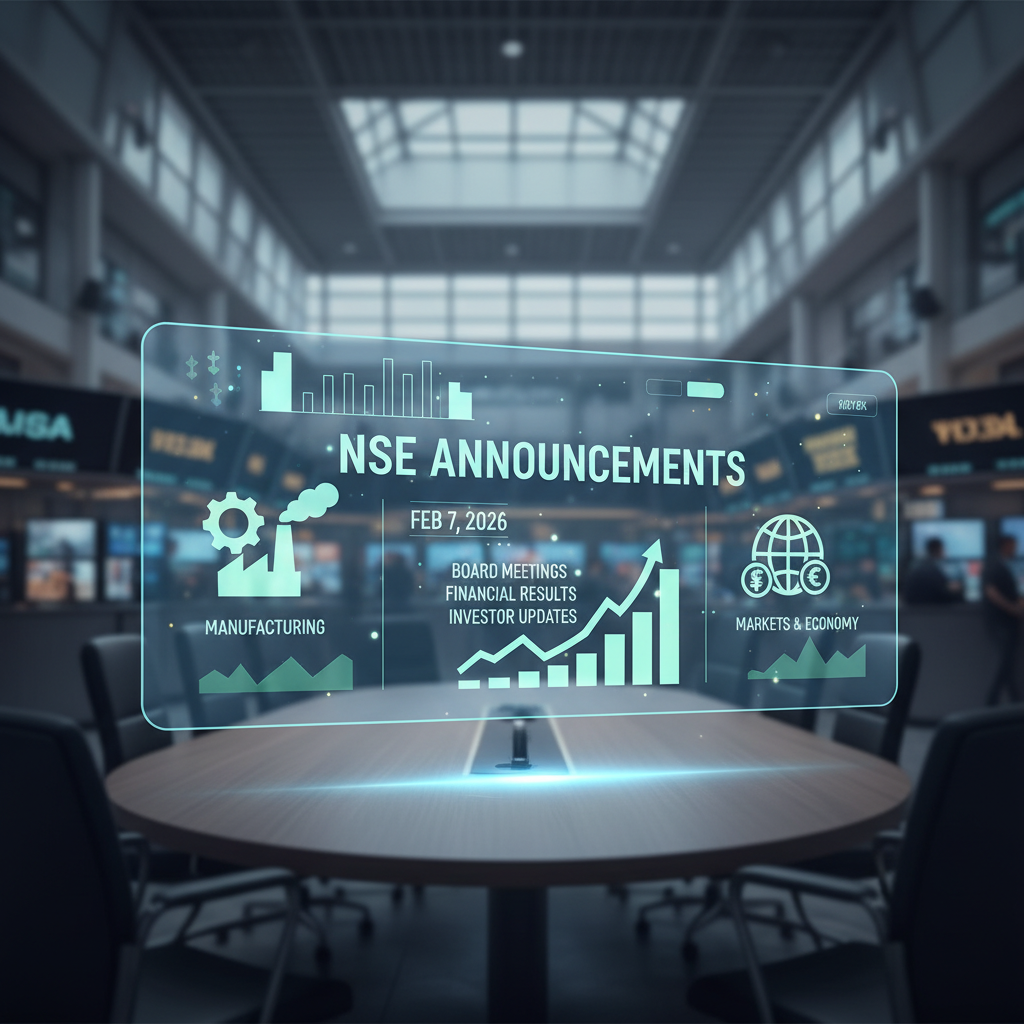 A boardroom with a holographic display showing "NSE Announcements," financial charts, and icons for manufacturing and markets.