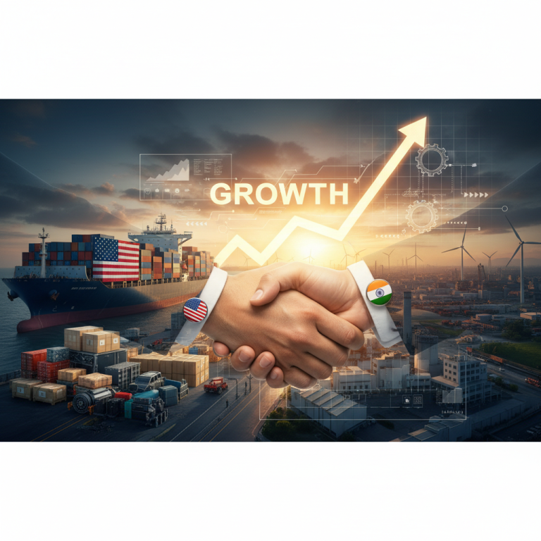 A handshake between US and Indian flags with a cargo ship, factories, and an upward growth arrow.