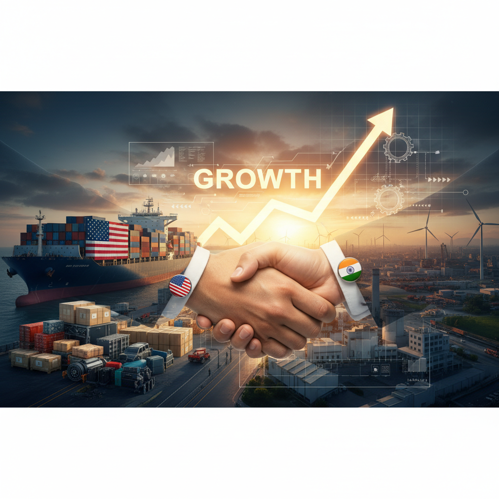 A handshake between US and Indian flags with a cargo ship, factories, and an upward growth arrow.