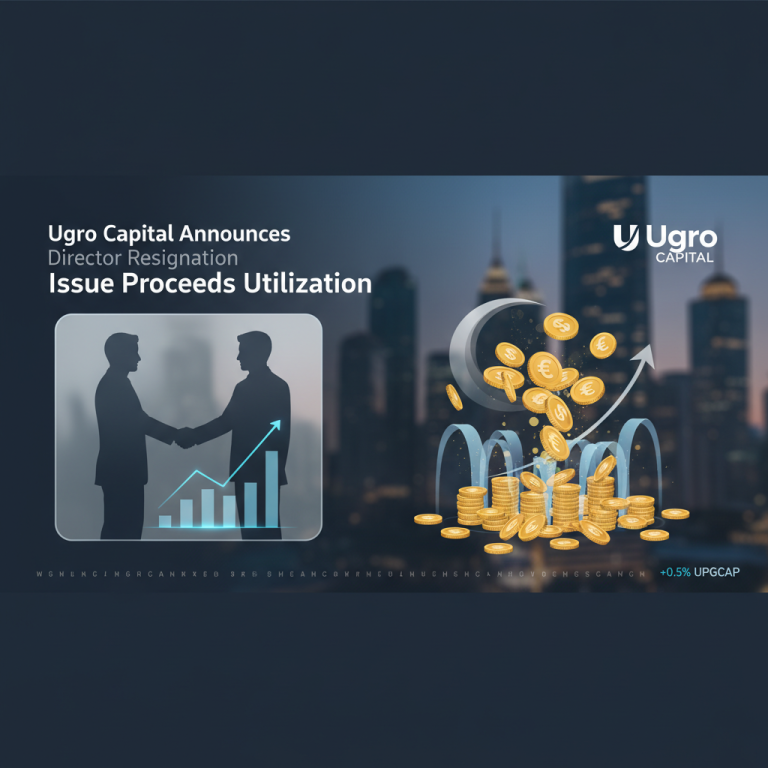 Professional image depicting a handshake, financial growth charts, coins, and the Ugro Capital logo against a city skyline.