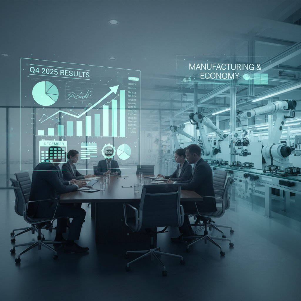 Business professionals in a meeting room with financial data overlays and a manufacturing plant in the background.