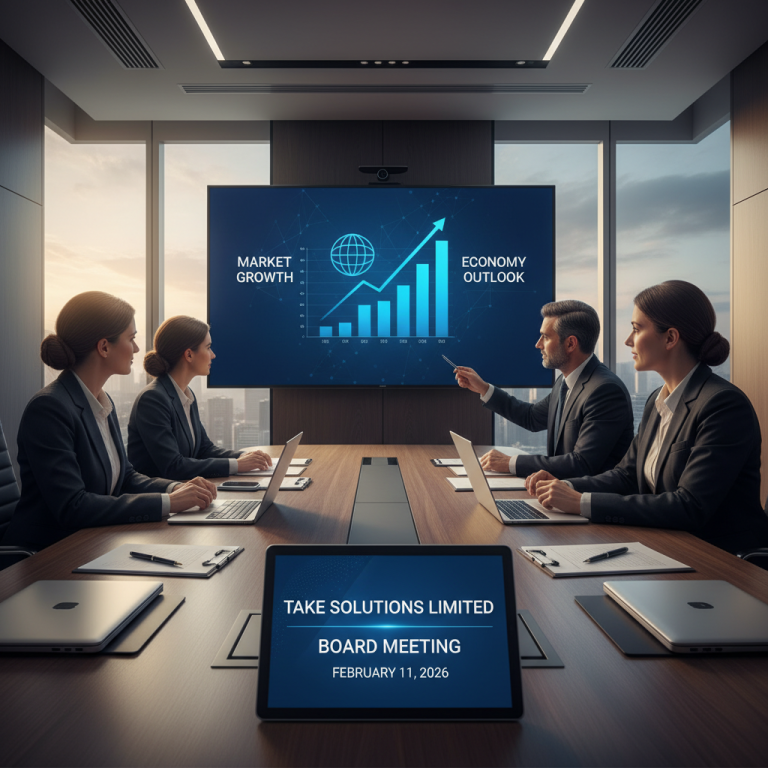Four professionals in a modern boardroom, a tablet displays "TAKE Solutions Limited Board Meeting February 11, 2026."