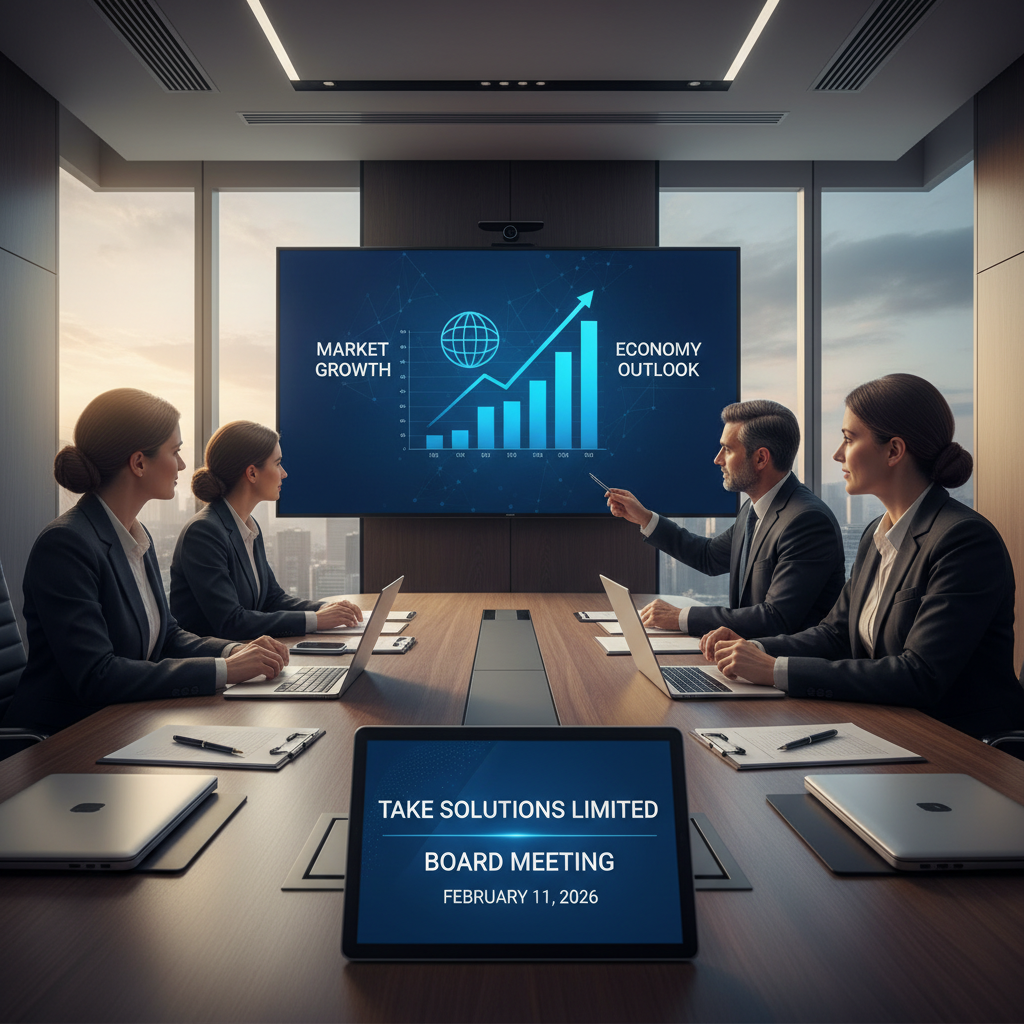 Four professionals in a modern boardroom, a tablet displays "TAKE Solutions Limited Board Meeting February 11, 2026."