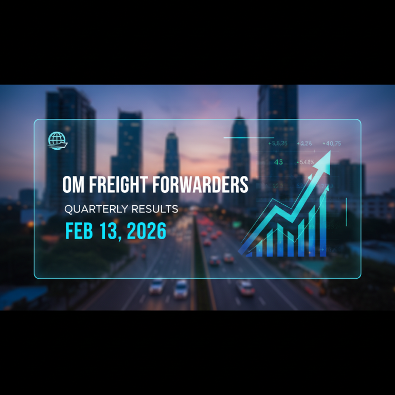 A modern graphic overlaying a city skyline at dusk, showing "OM FREIGHT FORWARDERS QUARTERLY RESULTS FEB 13, 2026" and an upward trending stock graph.