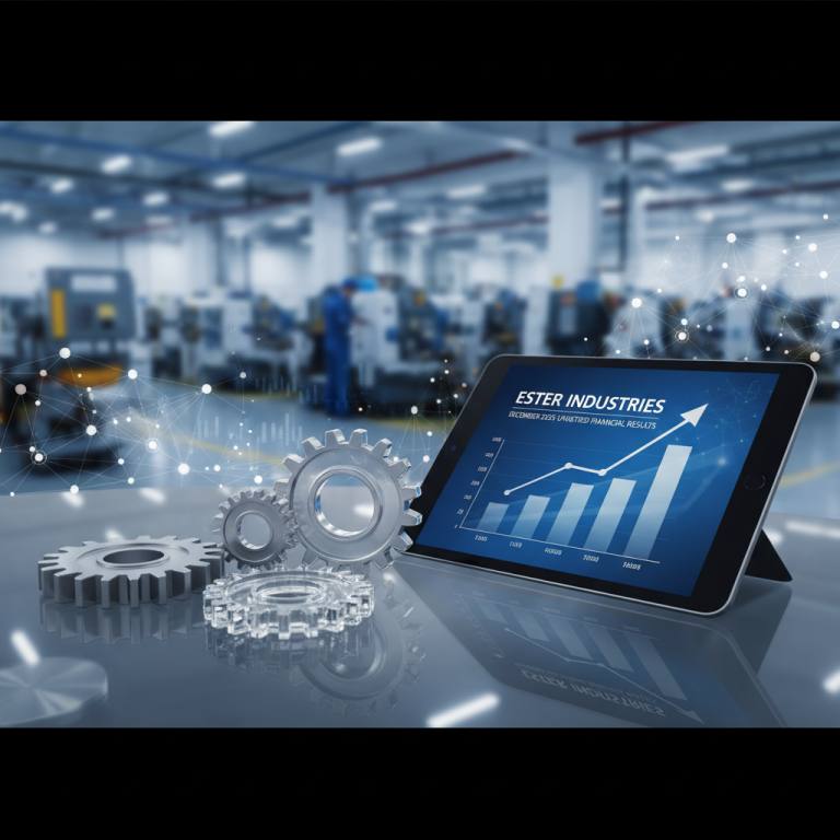 Tablet displaying financial growth chart for Ester Industries with gears and a manufacturing plant in the background.