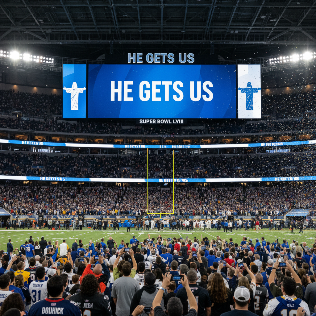 A "He Gets Us" Super Bowl ad displayed on a stadium screen during a football game.