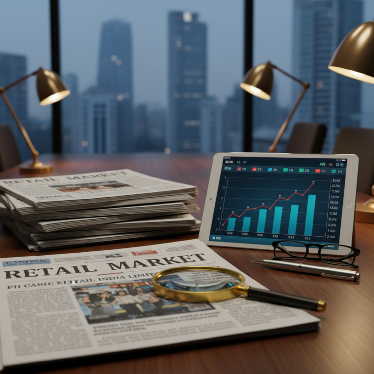 A business desk with newspapers, a tablet showing stock charts, a magnifying glass, and glasses, set against a city skyline.