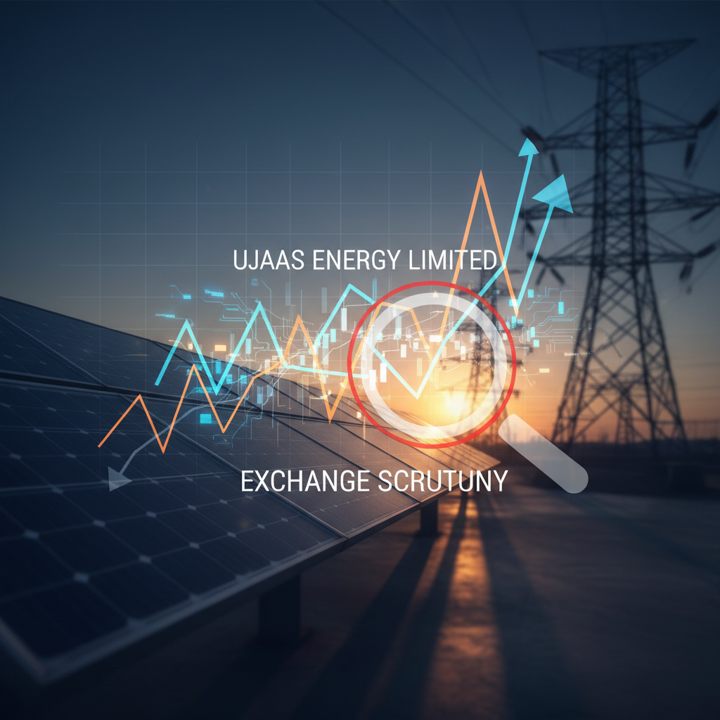A stock chart with arrows and a magnifying glass overlaid on solar panels and an electricity pylon at sunset.