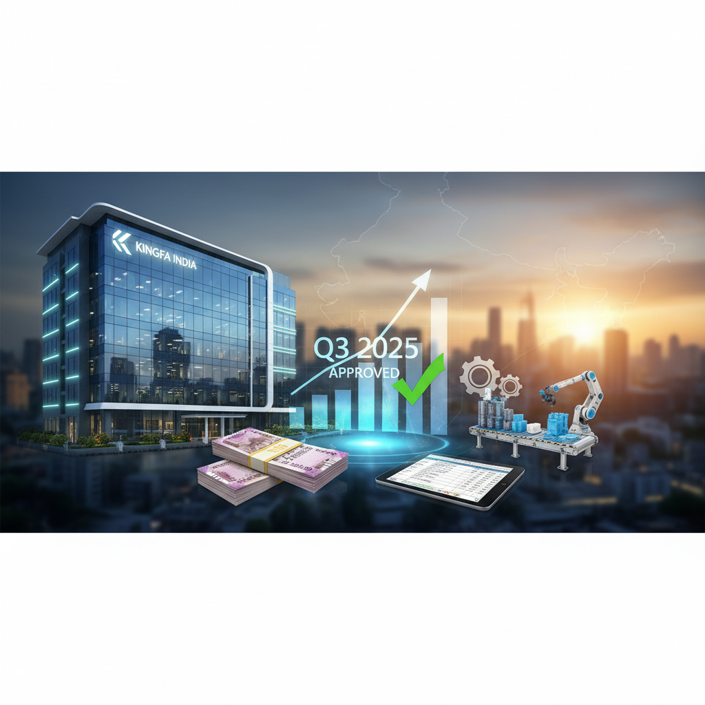 A professional visual representing Kingfa India's approved Q3 2025 financial results with financial and manufacturing elements.