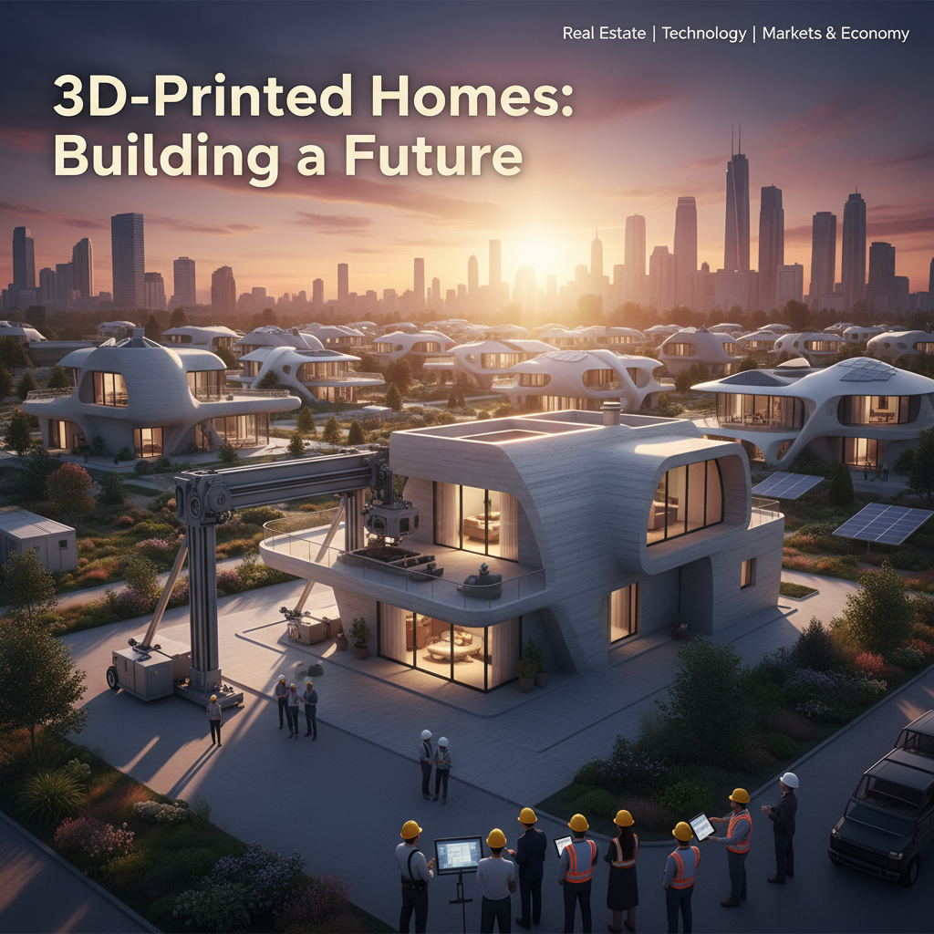 A 3D printer constructing a modern home, with a community of unique 3D-printed houses and a city skyline in the background.