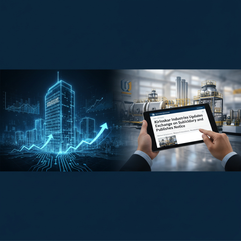 A tablet displaying a news article on Kirloskar Industries' updates, overlaid on a backdrop of financial growth and industrial manufacturing.