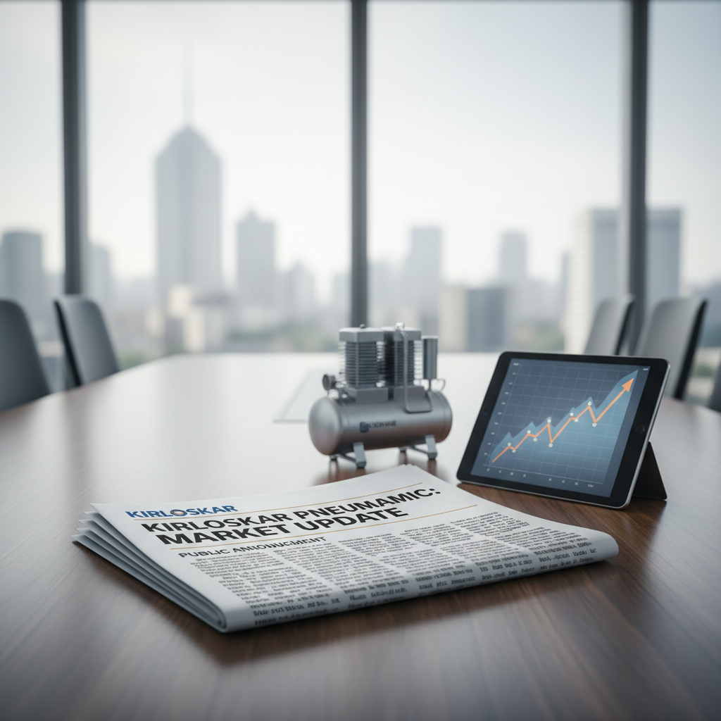 A newspaper with "Kirloskar Pneumatic: Market Update" alongside a tablet displaying an upward trending graph.