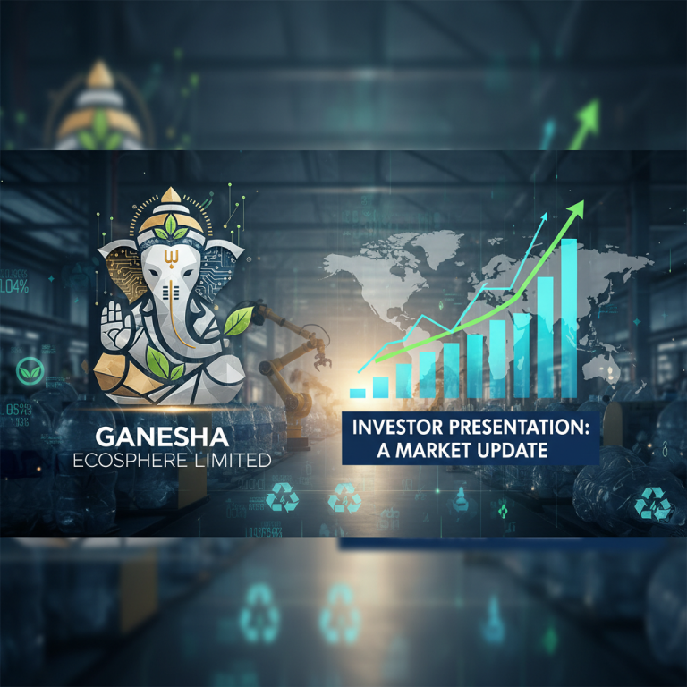 Digital illustration of Ganesha integrated with circuit board elements, an upward trending graph, and recycling symbols.