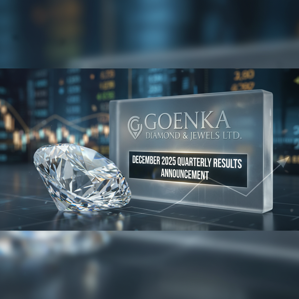 A sparkling diamond next to a transparent screen displaying "Goenka Diamond & Jewels Ltd. December 2025 Quarterly Results Announcement" with a financial graph background.