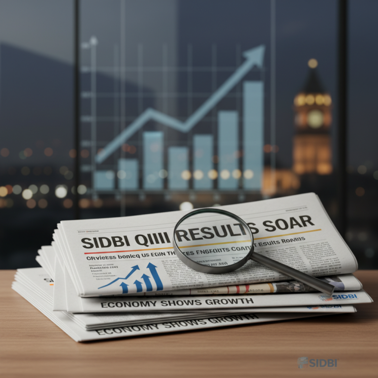 A stack of newspapers with "SIDBI QIII RESULTS SOAR" visible, a magnifying glass, and a financial growth chart.