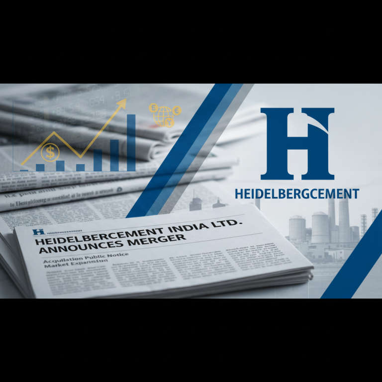 A newspaper headline "HeidelbergCement India Ltd. Announces Merger" with a factory silhouette and financial graphs.