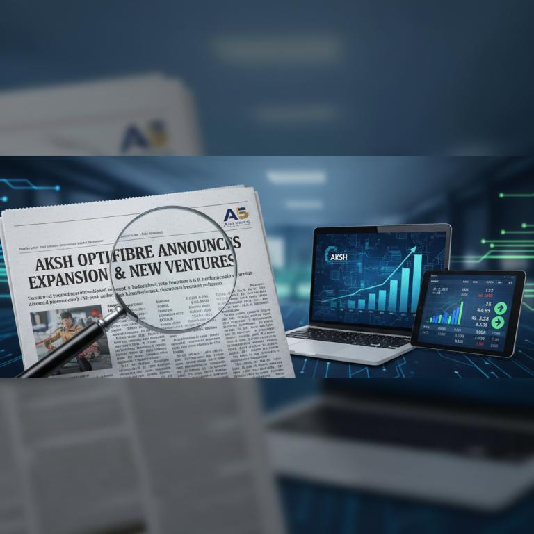 A newspaper headline about Aksh Optifibre with a magnifying glass, alongside a laptop and tablet displaying stock charts.