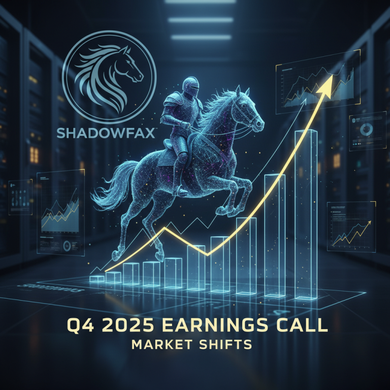 A stylized digital knight on a horse, symbolizing Shadowfax, riding over an upward-trending financial graph with data in the background.