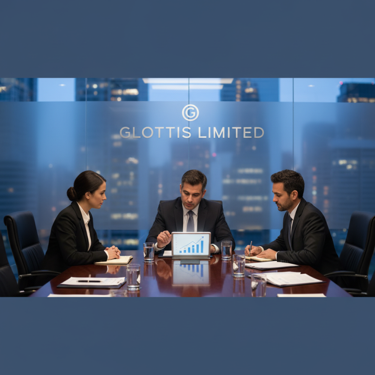 Three professionals in suits around a conference table. One points at a tablet displaying a bar graph, with city lights visible outside.