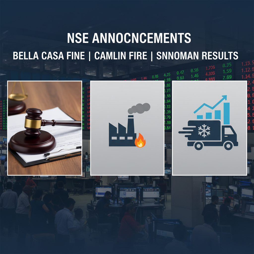 A collage of legal scales and gavel, a burning factory icon, and a delivery truck with an upward trend arrow, set against a stock market background.