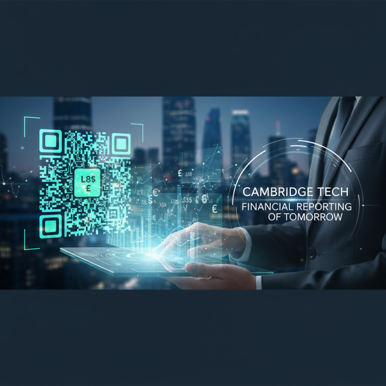 A businessman interacts with a futuristic digital interface displaying financial data and a large QR code.