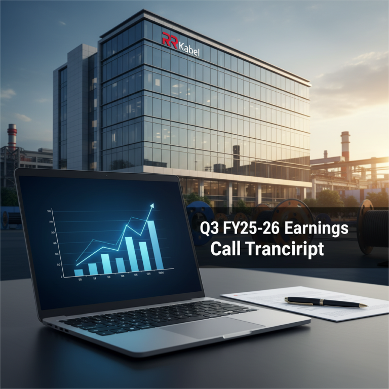 Laptop displaying a growth chart, with "Q3 FY25-26 Earnings Call Transcript" text, and an R R Kabel building in the background.