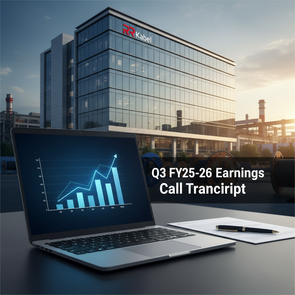 Laptop displaying a growth chart, with "Q3 FY25-26 Earnings Call Transcript" text, and an R R Kabel building in the background.