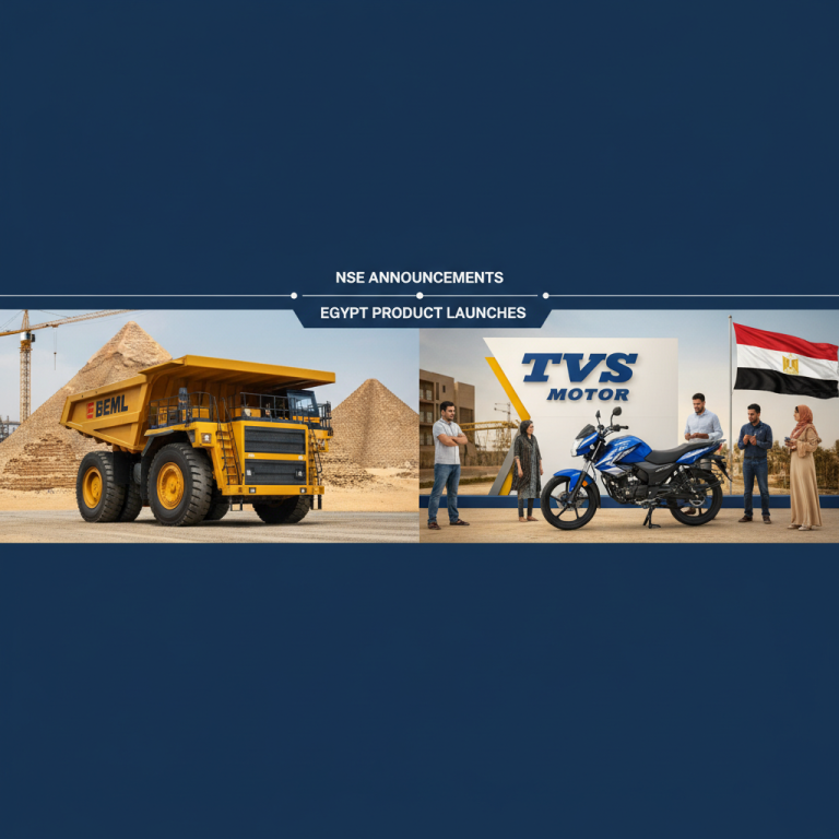 A split image showing a BEML mining truck with pyramids in the background and a TVS motorcycle with people and an Egyptian flag.