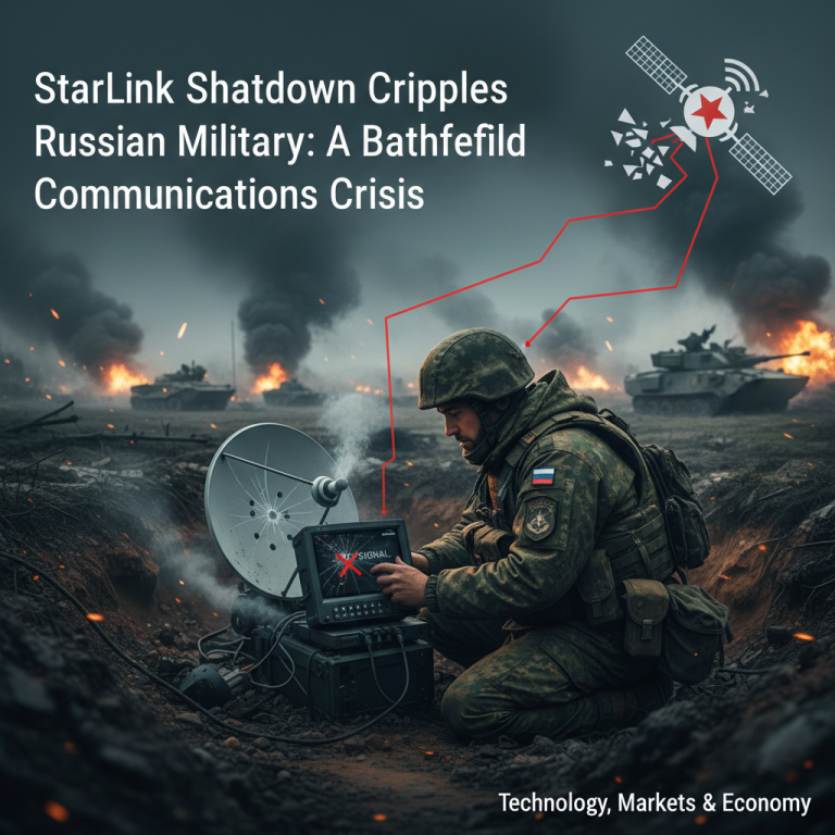 A Russian soldier struggles with a Starlink terminal amidst a battlefield, depicting a communications crisis.