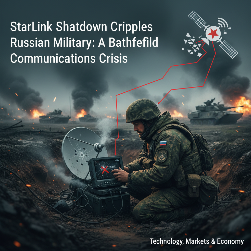A Russian soldier struggles with a Starlink terminal amidst a battlefield, depicting a communications crisis.