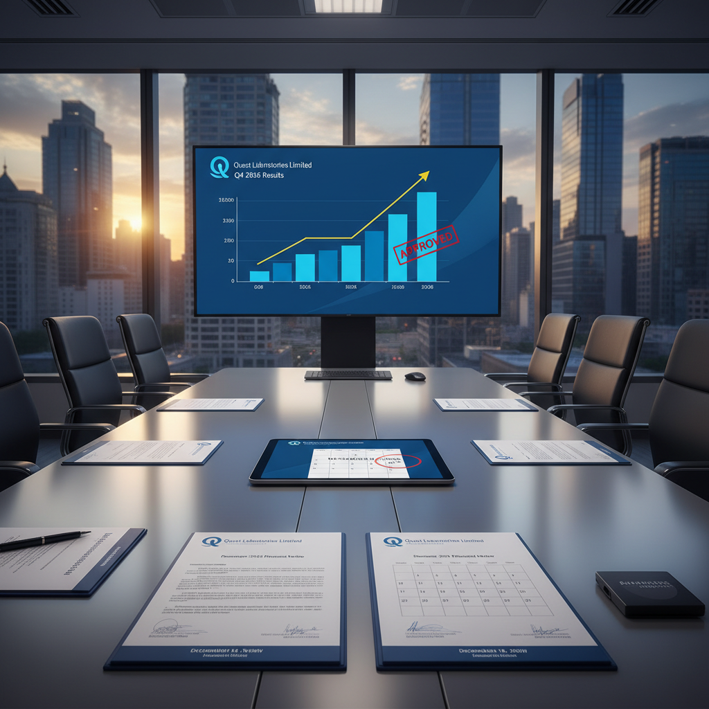 A modern boardroom with a large screen displaying financial growth charts and documents for Quest Laboratories.