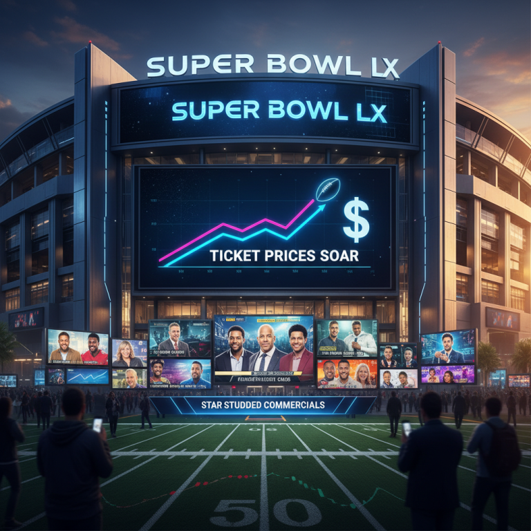 A vibrant image depicting a stadium facade with a large screen showing rising ticket prices and smaller screens with celebrities.