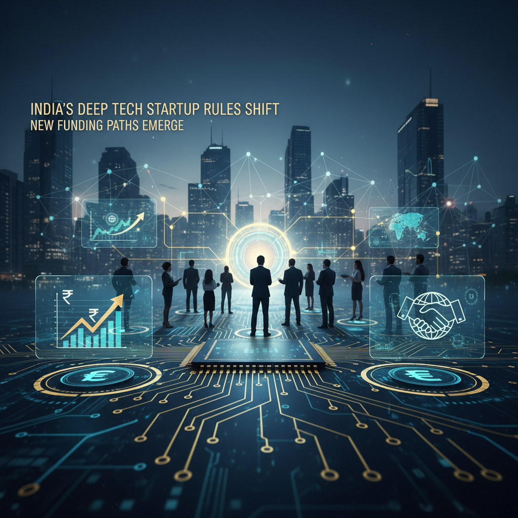 Business professionals in a city with digital overlays representing technology, finance, and global connectivity for deep tech startups.