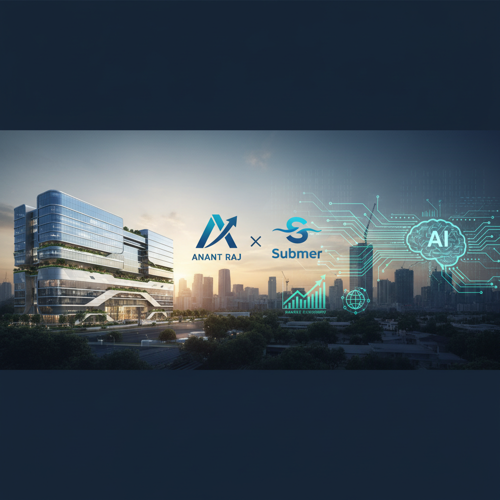 A modern office building, Anant Raj and Submer logos, and AI-related graphics symbolizing technology and growth in India.
